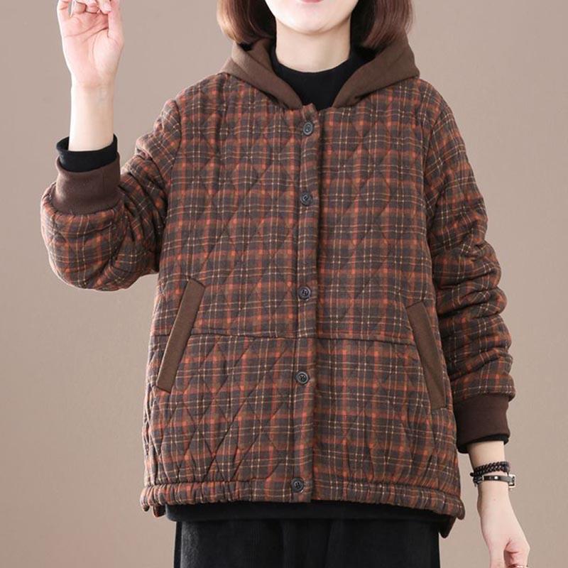 Толстое пальто женское зимнее ретро клетчатое с капюшоном повседневное теплое удобное легкое хлопковое пальто топ