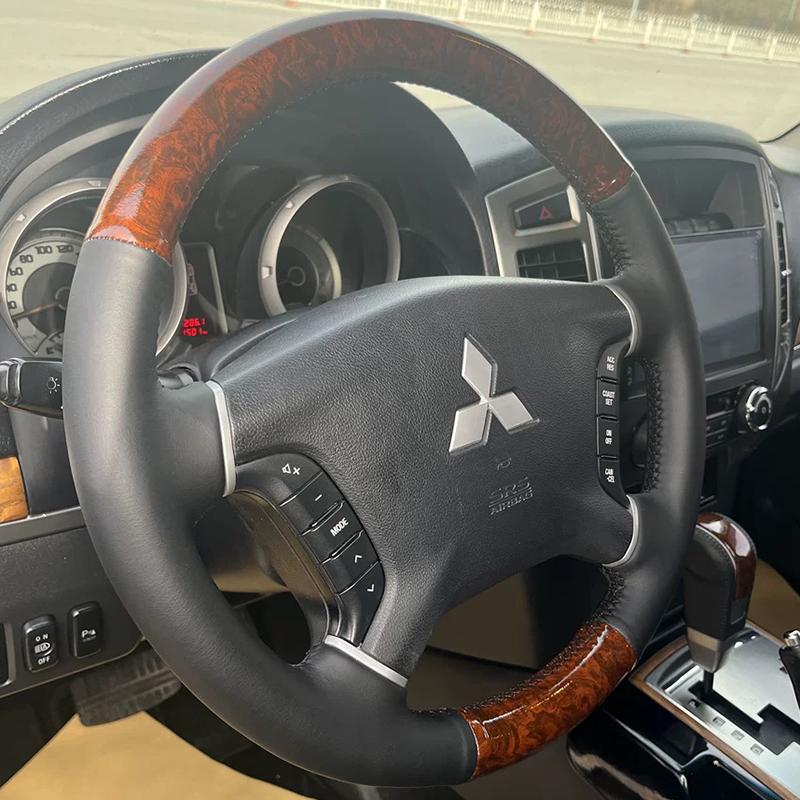 cwvc7 for Mitsubishi Pajero 2007-2014 Galant 2008-2012 Hand-Stitched Black genuine Leather Peach wood grain Car Steering Wheel Cover