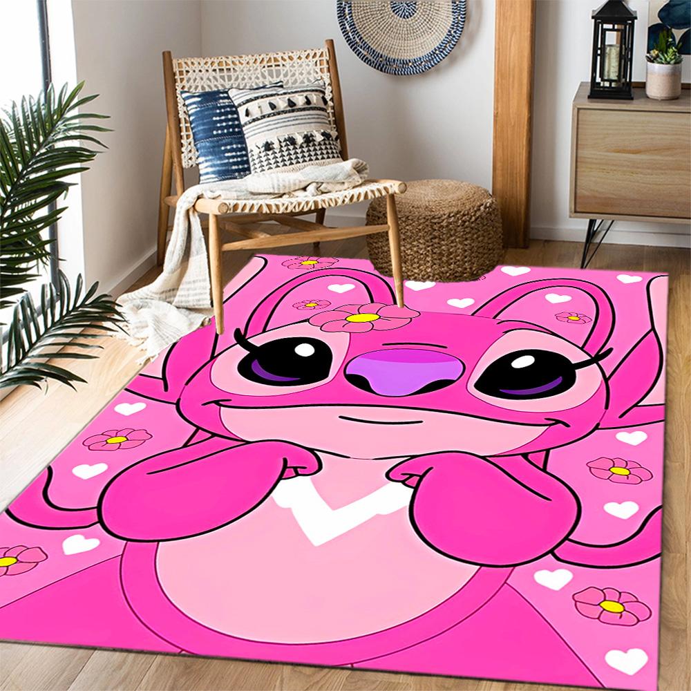 Pink Stitch Heart Background Disney Cartoon Theme Anti-Slip Rug - Polyester, Home Decor, Suitable for Bedrooms, Living Rooms, Doorways, and Studios