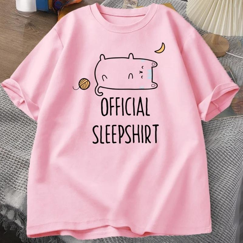 Смешная футболка для сна с котом Милая футболка с котенком Повседневная футболка с коротким рукавом Женская одежда Летние топы с круглым вырезом Уличная одежда