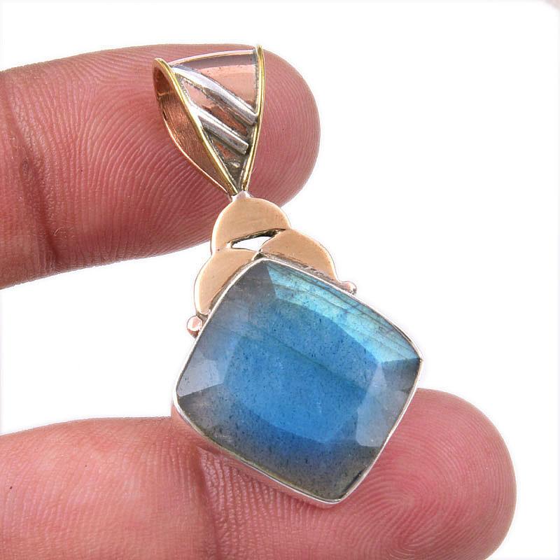 Natural Labradorite 925 Solid Sterling Silver Jewelry TwoTone Pendant 1.50" T6e05