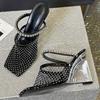 Summer Sexy Crystal Diamond Square Toe Women Slippers Designer Transparent Wedges Heels Banquet Party Shoes