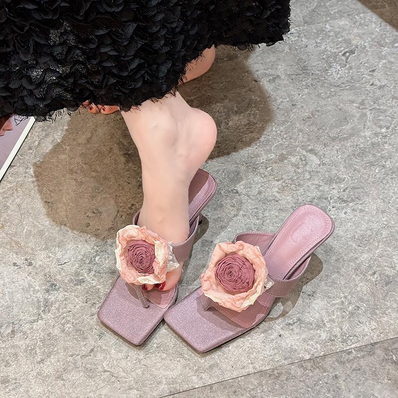 2024 Модные женские шлепанцы, тапочки, бежевые, фиолетовые, розовые, летние уличные туфли-мюли, толстые, средние каблуки, повседневные туфли-лодочки с цветочным узором для вечеринок