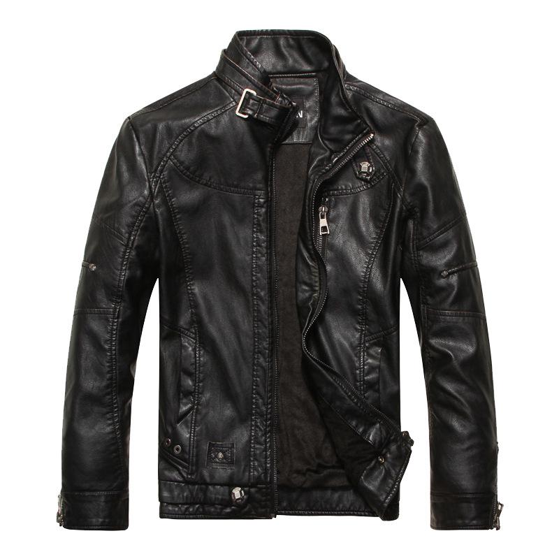 Men's Retro Winter Washed PU Leather Motorcycle Jacket with Stand Collar and Plus Velvet Lining