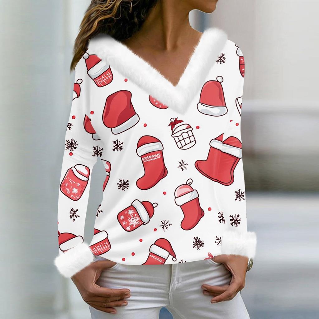 Женская футболка с рождественским принтом, длинный рукав, флисовый воротник, V-образный вырез, футболка