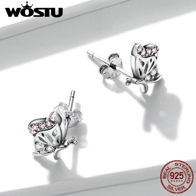 WOSTU Сверкающее серебро 925 пробы, сверкающие нежные серьги-гвоздики с бабочкой и цирконом для женщин, модные вечерние ювелирные изделия, подарок