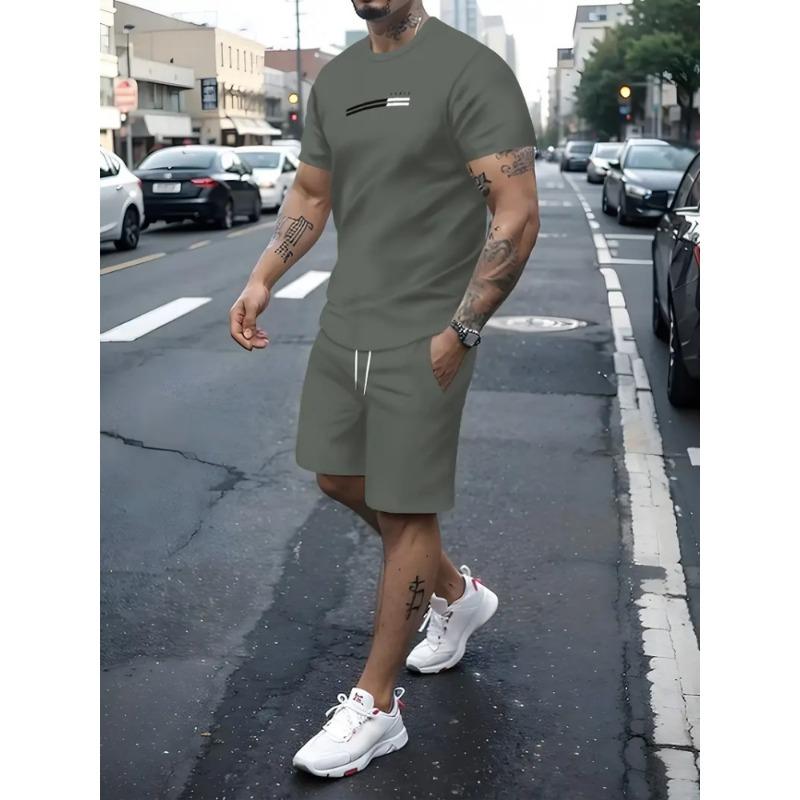 2025 Urban Street Trend Men's Suit Summer Casual Short Sleeve Shorts 2 Pieces Unique Geometric Print Outdoor Casual