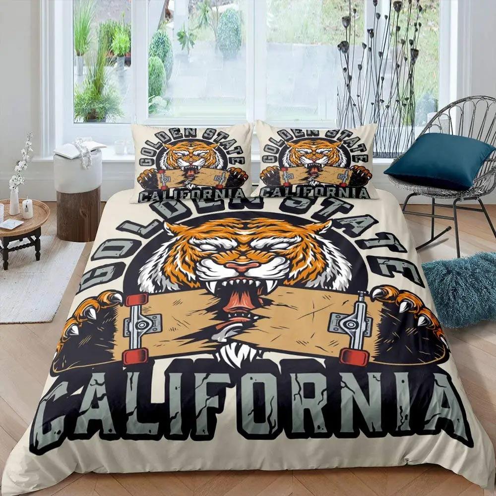 Tiger Comforter Cover Set 3D Tiger Lying on The Stump Pattern Duvet Cover with Zipper Ties Wild Animal Theme Bedding Set for Kid