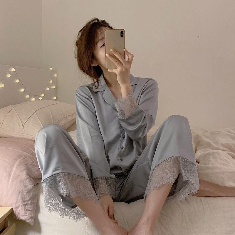 Pijamas Women Nightgown Spring Autumn Long Sleeve Trousers Sexy Lace Sleepwear V-neck Loose Casual Simple Thin Pajama Sets
