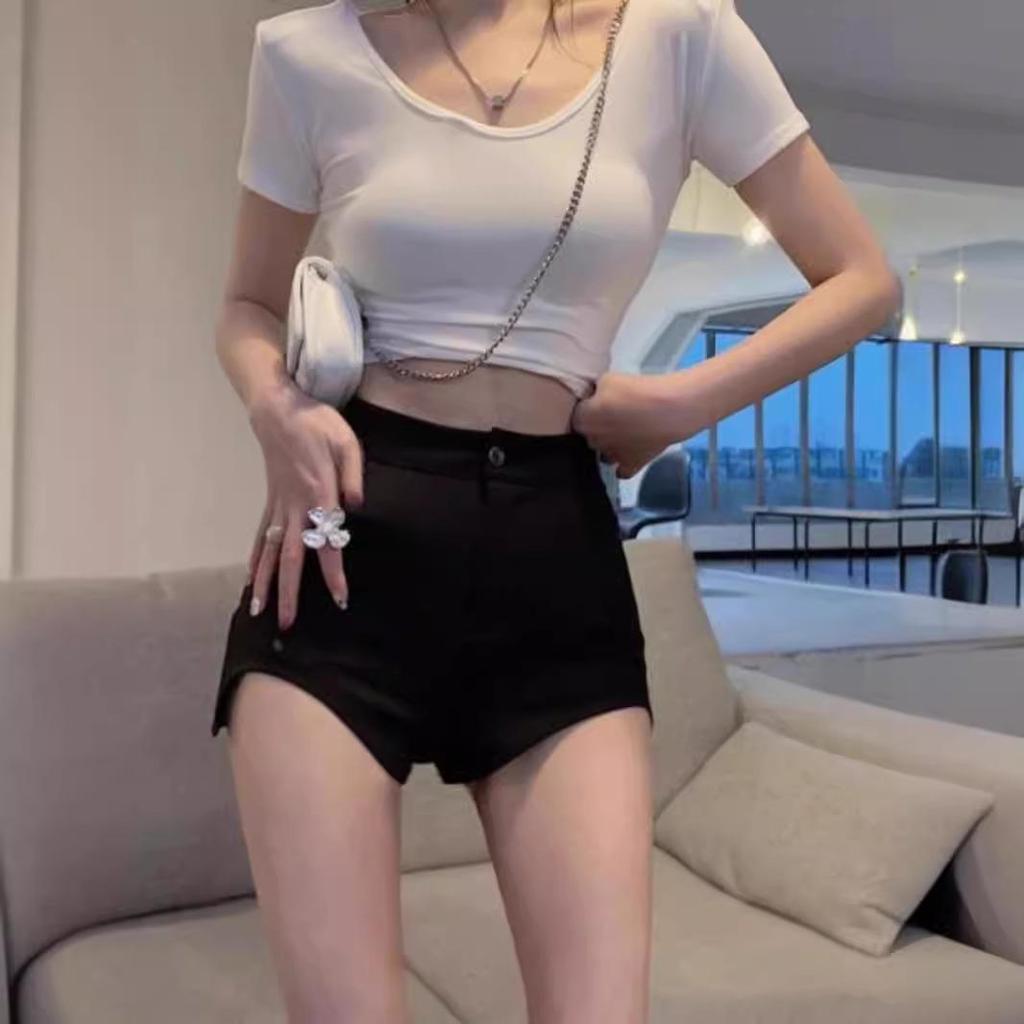 Women's 2024 Summer High-Waisted Black A-Line Suit Shorts - Sexy, Slimming, Irregular, Hip-Hugging Casual Style