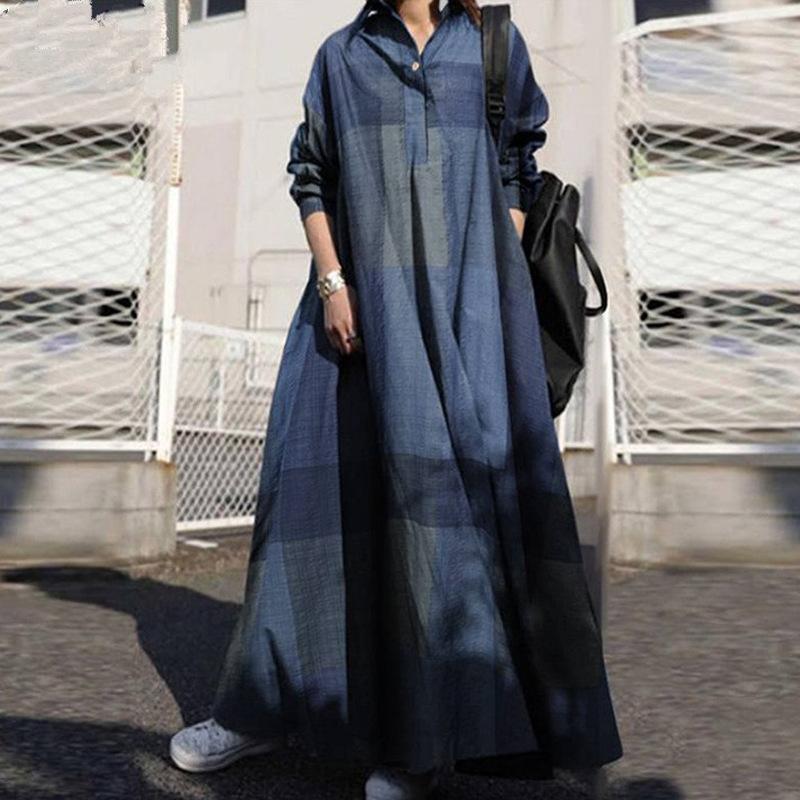 Осеннее повседневное платье больших размеров, модное женское хлопково-льняное платье с лацканами и винтажным принтом, свободное пуловерное платье с длинными рукавами