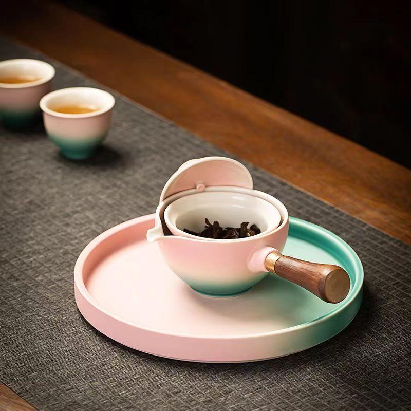 Lazy Tea Brewing Set Home Japanese One Pot Four Cups Tea Tray Portable Travel Tea Set Ceramic Rotating Side Handle Pot