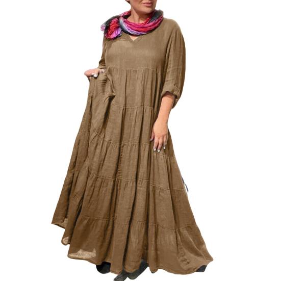 Женское платье макси с V-образным вырезом, длинными рукавами, однотонное длинное платье с оборками, плиссированным подолом, летнее платье для отдыха