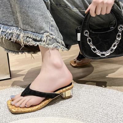 Шлепанцы с квадратным носком Женские тапочки Босоножки на каблуке Лоферы Обувь Женская Тренд 2025 Лето Неглубокие Нарядные Комфортные Шлепанцы с перемычкой между пальцами