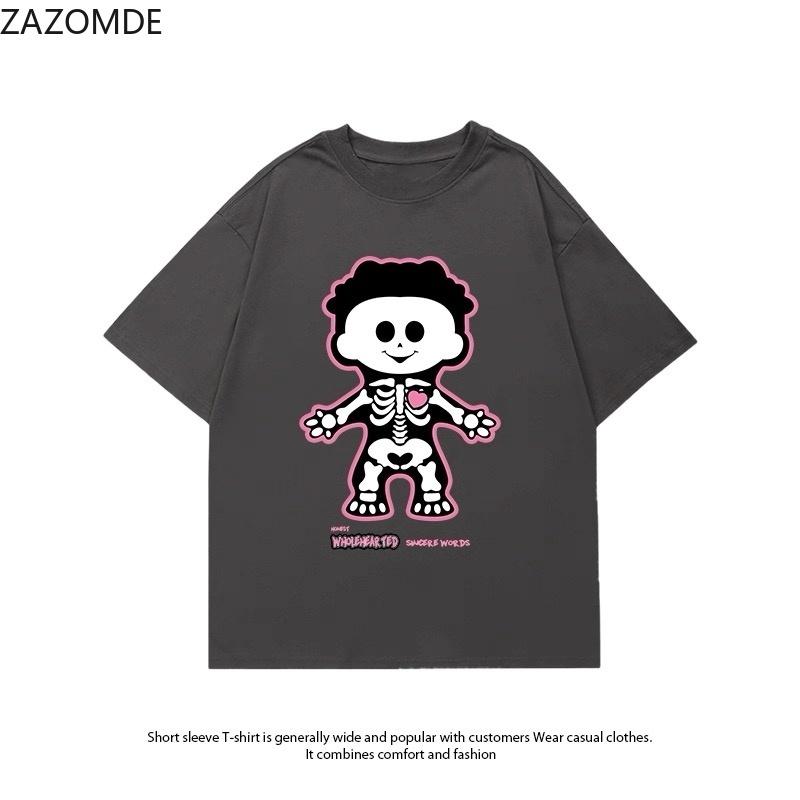 ZAZOMDE 2026 Summer New Vintage Street Style Skeleton Print TShirt Unisex Unisex Casual Loose Short Sleeve Trendy Graphic Daily Tee