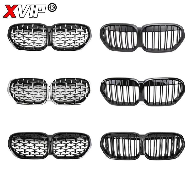 XVIP Carbon Fiber Look Double Line Style Front Racing Grills For BMW X1 F48 LCI 2020-2022 All Black Diamonds Style Upper Grilles