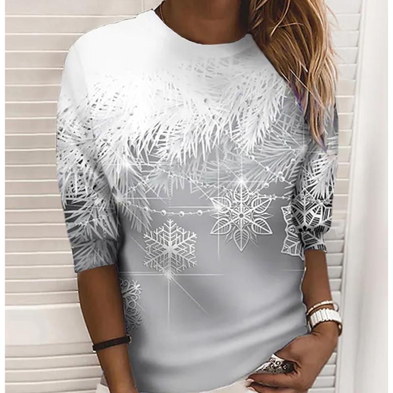 3D Print Green Snowflake Tshirts Ladies Tops Long Sleeve O-neck Pullover Femme T-shirts T Shirt For Women