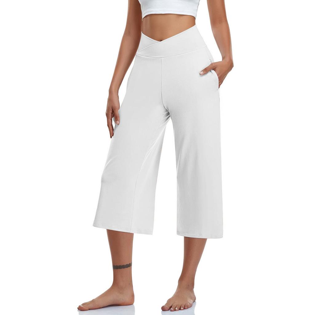 2025 Женские брюки для йоги с широкими штанинами, с перекрестной высокой талией, свободные, однотонные спортивные штаны с карманами