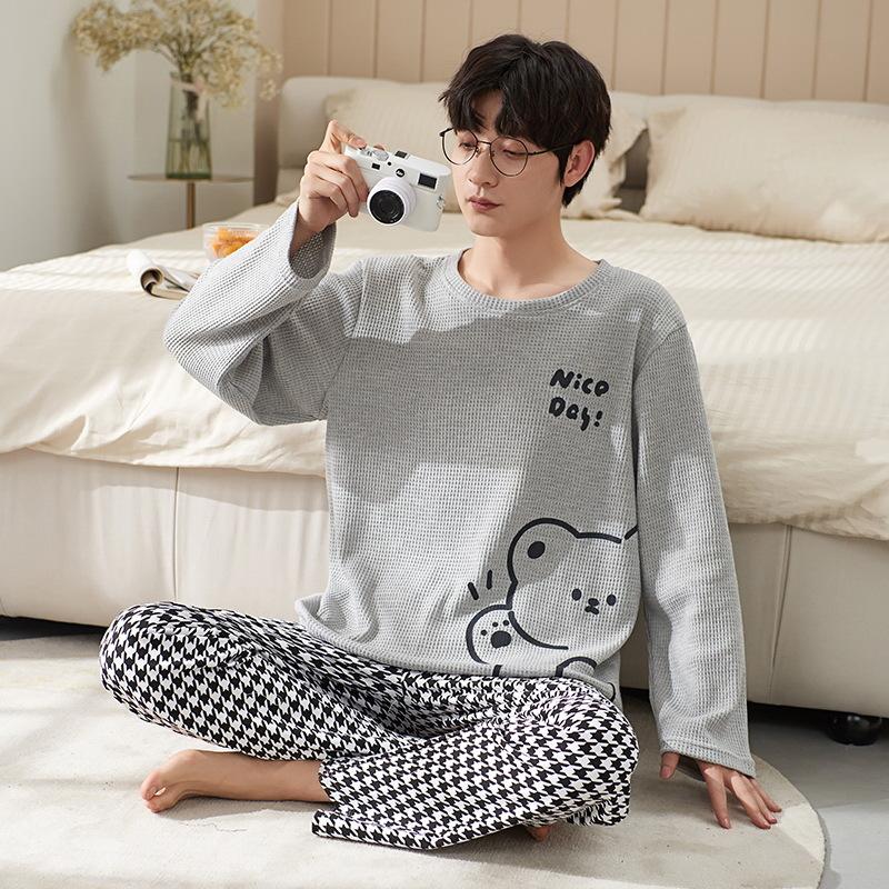 Пижамы мужские с длинным рукавом из хлопка весна и осень простой молодежный домашний костюм для отдыха можно носить