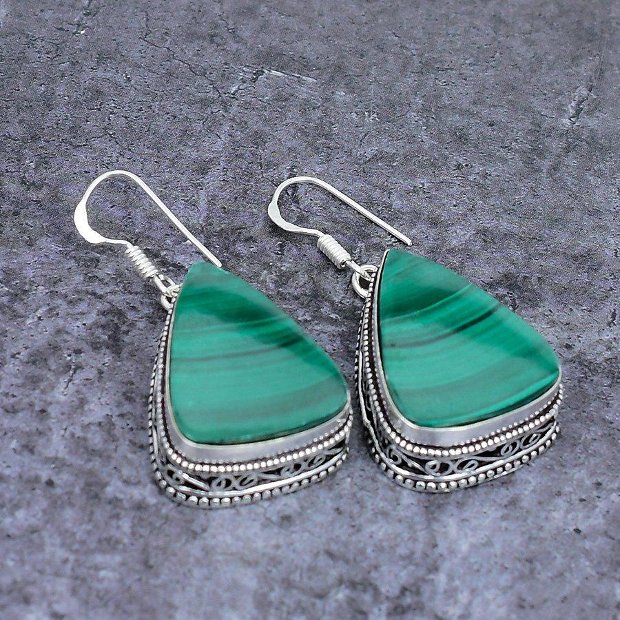 Серьги ручной работы из серебра 925 пробы с малахитом 1,89 дюйма Q4B28