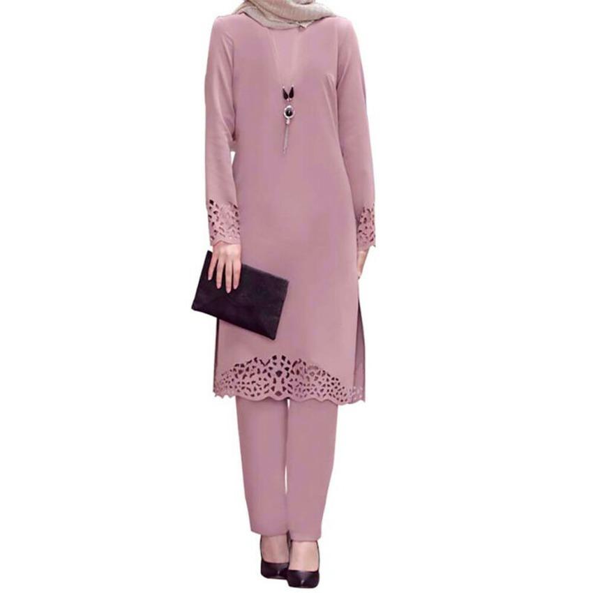 Женский мусульманский комплект одежды Абая Блузка с длинным рукавом Брюки Исламский кафтан Наряды Костюм EMA