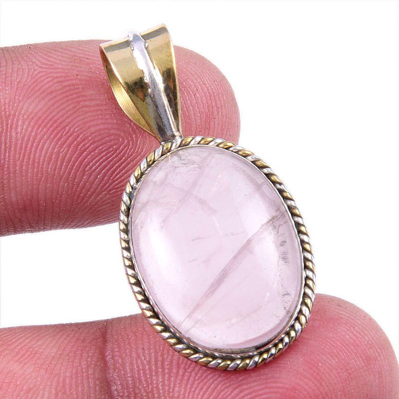 Natural Rose Quartz 925 Solid Sterling Silver Jewelry TwoTone Pendant 1.25" N2E29