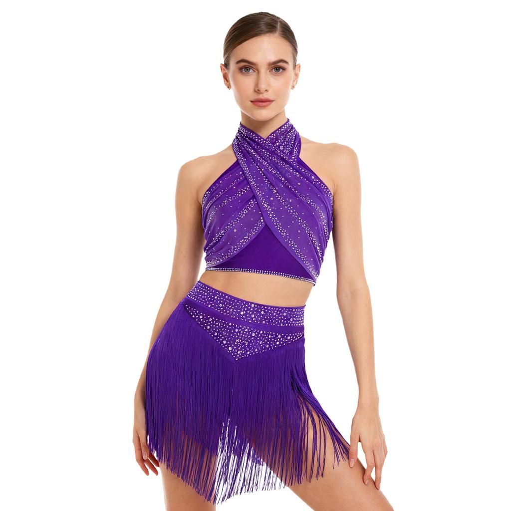 Womens Chacha Salsa Dance Outfit Halter Sleeveless Backless Shiny Ruched Crop Top Tiered Tassels Skirt Built In Shorts
