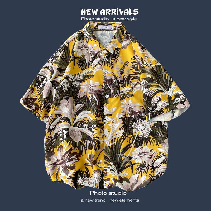 Retro Floral Shirt Blouse for Man Hawaiian Short-sleeved Floral Shirt Men's Loose Trend Couple All-match Five-point Sleeves