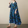 Blue Floral Cotton Linen Plus Size A-Line Dress - Summer 2023, Short Sleeve, Loose Fit