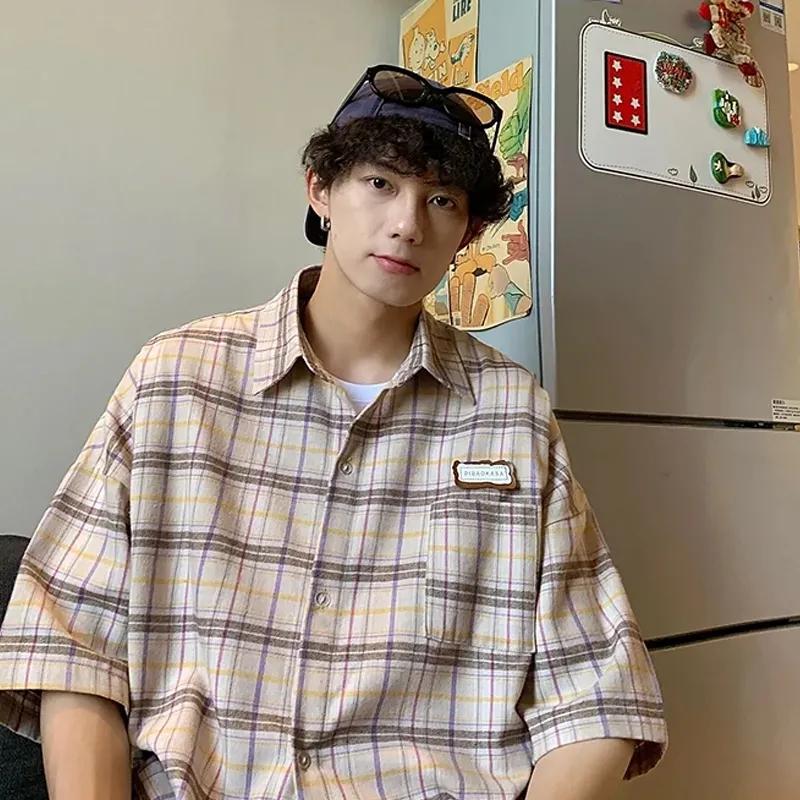 Весна и лето Ретро клетчатая рубашка для мужчин и женщин Летняя повседневная рубашка с короткими рукавами Куртка