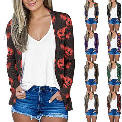 Женский свободный удобный повседневный модный кардиган с длинным рукавом и принтом на Хэллоуин