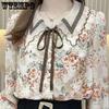 WTEMPO Spring Summer Floral Printed Chiffon Shirts Women's Three Quarter Sleeve Casual Loose Elegant Blouses