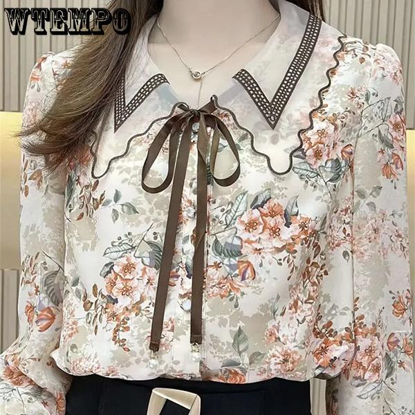 WTEMPO Spring Summer Floral Printed Chiffon Shirts Women's Three Quarter Sleeve Casual Loose Elegant Blouses