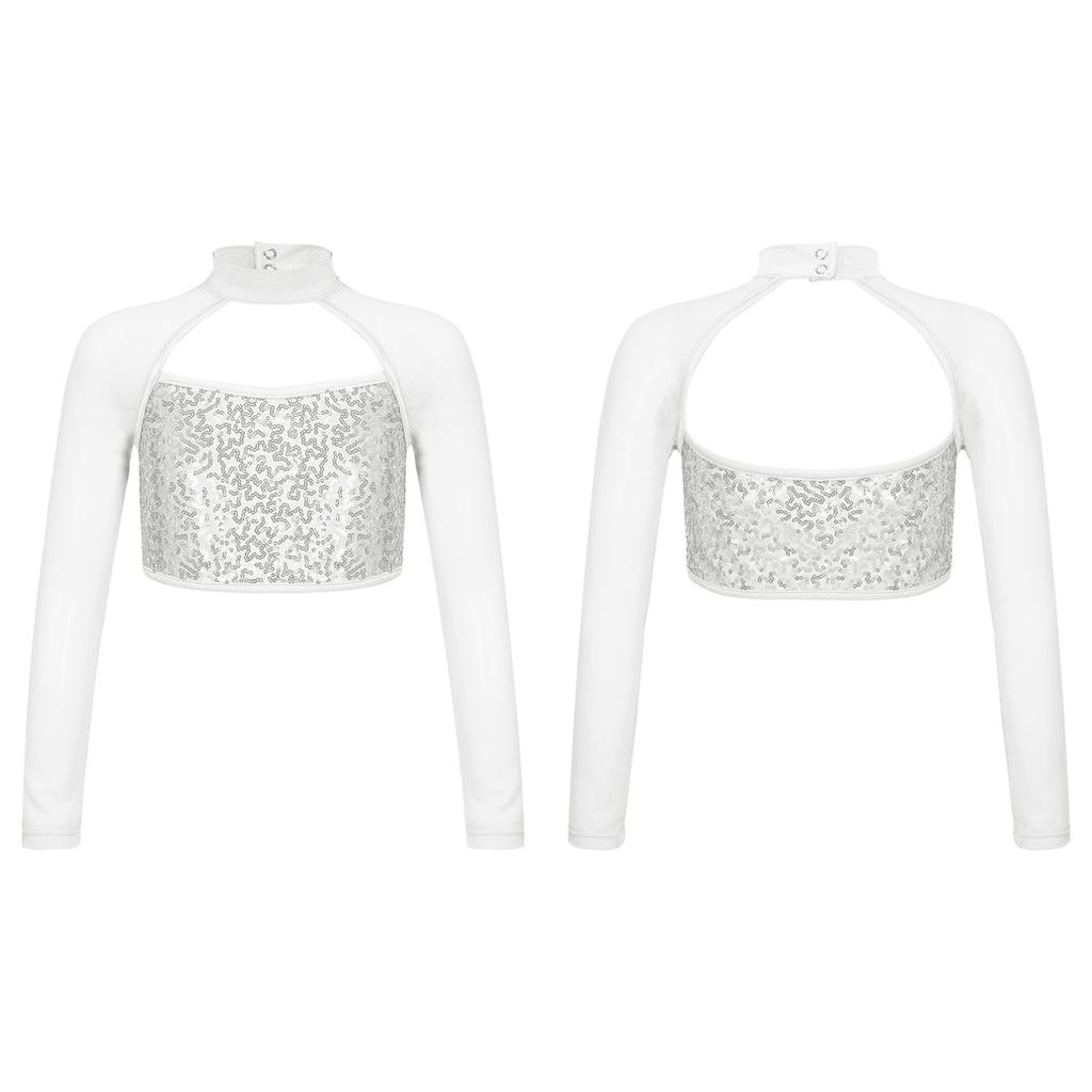 Детский кроп-топ с длинным рукавом, пайетками и сеткой для танцевальных выступлений