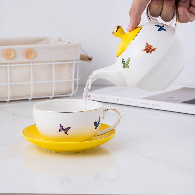 BORREY керамический цветочный чайник, чашка, блюдце, офисная чашка послеобеденного чая, кофейная чашка, блюдо для друзей, семейный подарок, набор чайников с желтой бабочкой