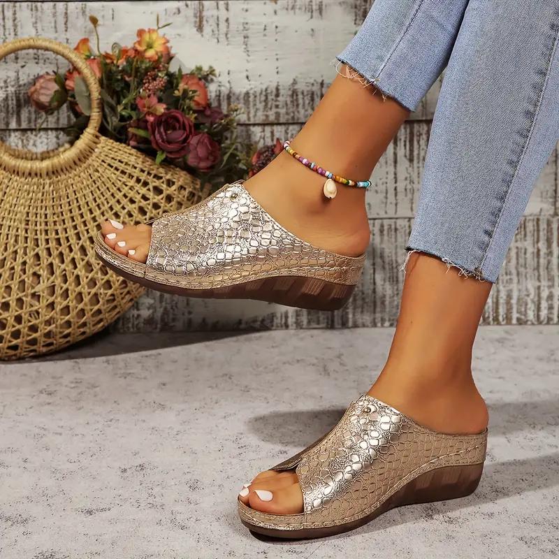 Women's Snakeskin Pattern Sandals Platform Slip On Soft Sole Casual Seaside Slides Low Wedge Vacation Slides