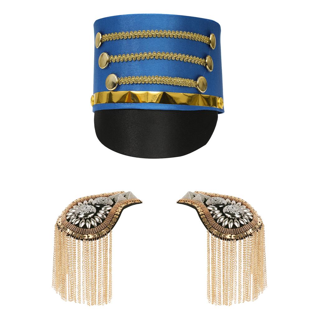 Kids Majorette Costume Accessory Set Vintage Hat with Tassel Epaulet Shoulder Boards for Halloween Cosplay