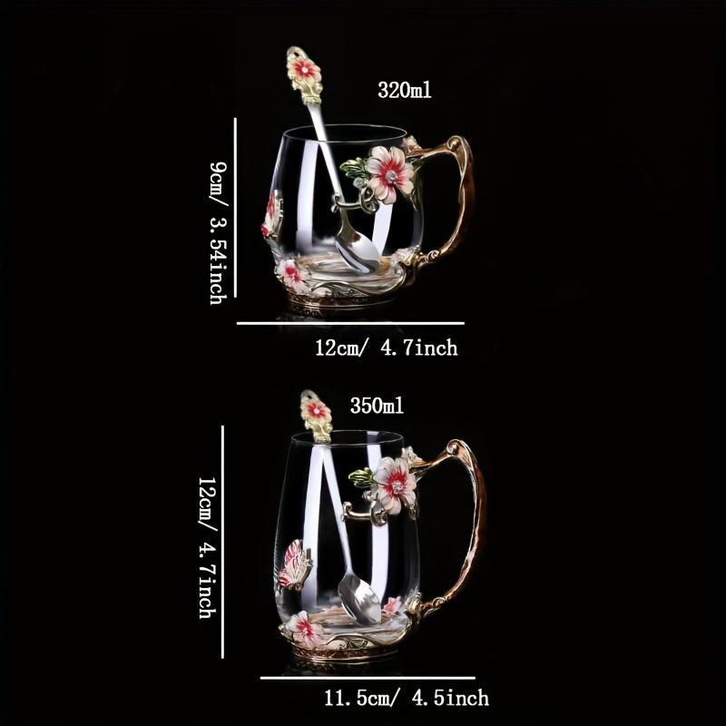 1pc Flower Enamel Crystal Tea Cup, Heat Resistant Coffee Mug, Lead-Free Glass Tumbler, Butterfly Painted Flower Water Cups, Clear Glass With Spoon Set
