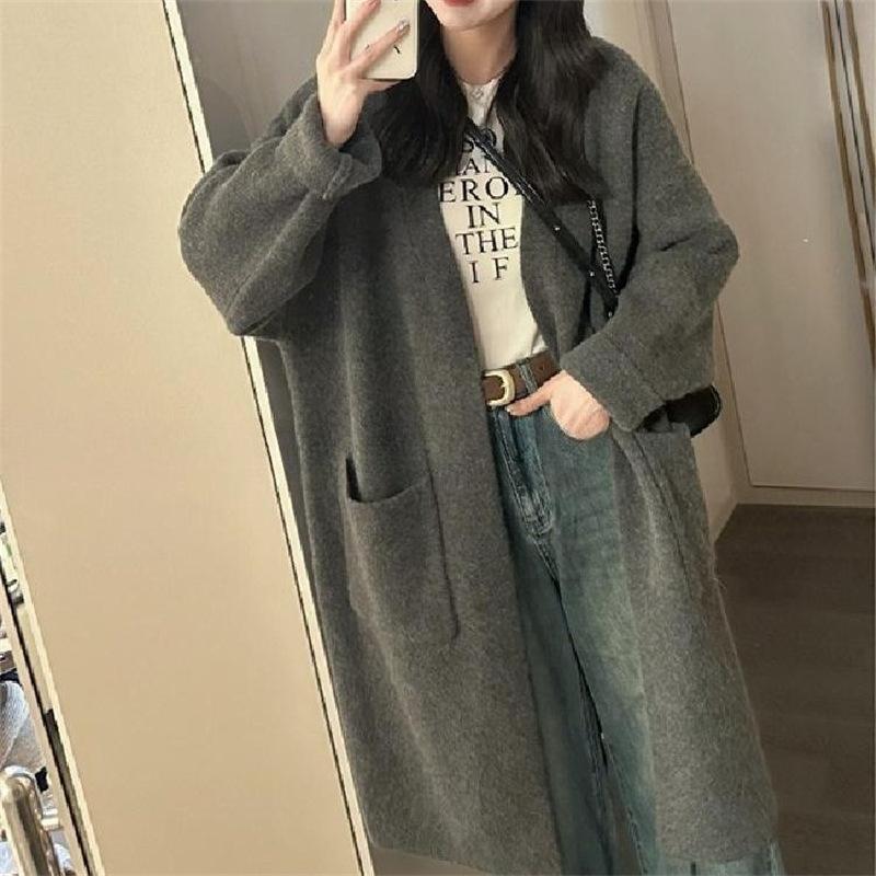 Autumn and Winter Lazy Wind In The Long Section of Large Pockets Sweater Female Retro Loose Thin Knitted Cardigan