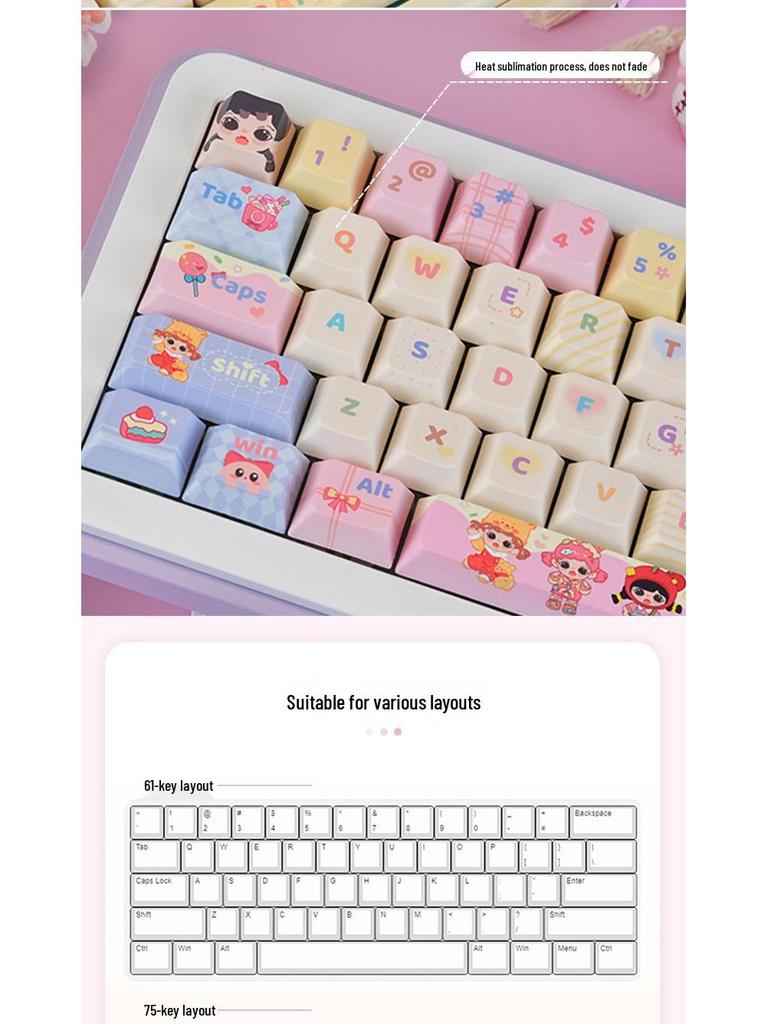 Милые колпачки для клавиш 'Sweetheart Bubble Cute Girl', PBT Dye-Sublimation, Профиль MOA, Совместимы с Keychron, Razer, Logitech