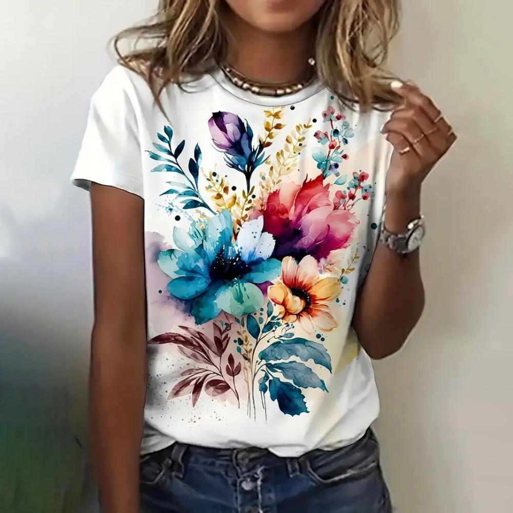 Новые летние женские футболки с цветочным 3D-принтом, модные футболки с круглым вырезом и коротким рукавом, свободные женские футболки Y2k, симпатичная футболка