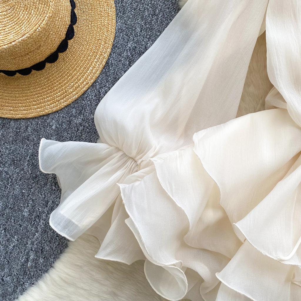 Sweet Pink 3D Floral Beach Short Dress Female Long Sleeves Lace Up Ruffle Chiffon Cake Sundress Sheer Sexy Vintage Bohemian Dress