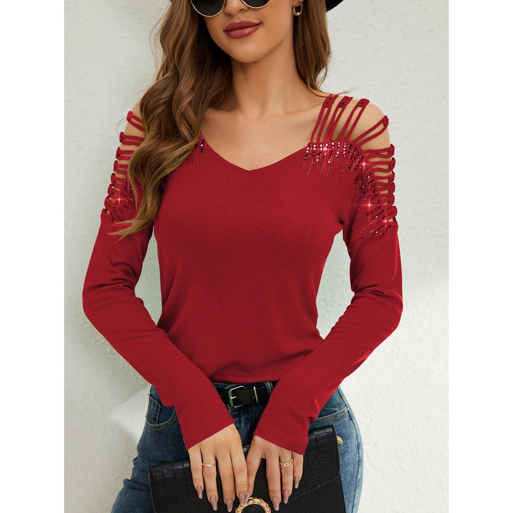 Syiwidii Fashion Spliced Diamond Shirts for Women V Neck Hollow Out Long Sleeve T Shirt Elegant Temperament Slim Tops