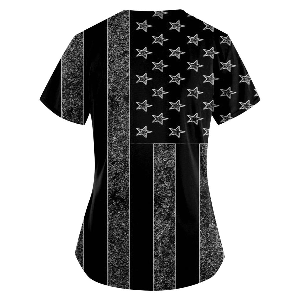 Women's Short Sleeve V-Neck Independence Day Printed Pocket Carer Top