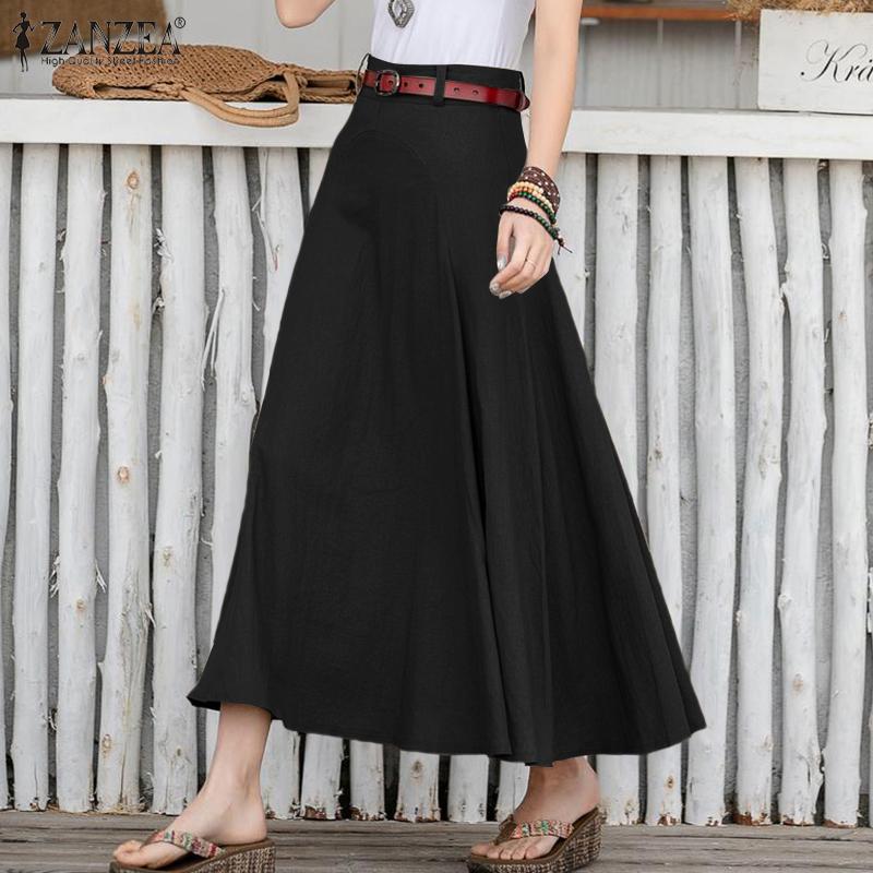 ZANZEA Женские повседневные юбки трапециевидной формы, однотонные свободные высокоэластичные хлопковые длинные юбки