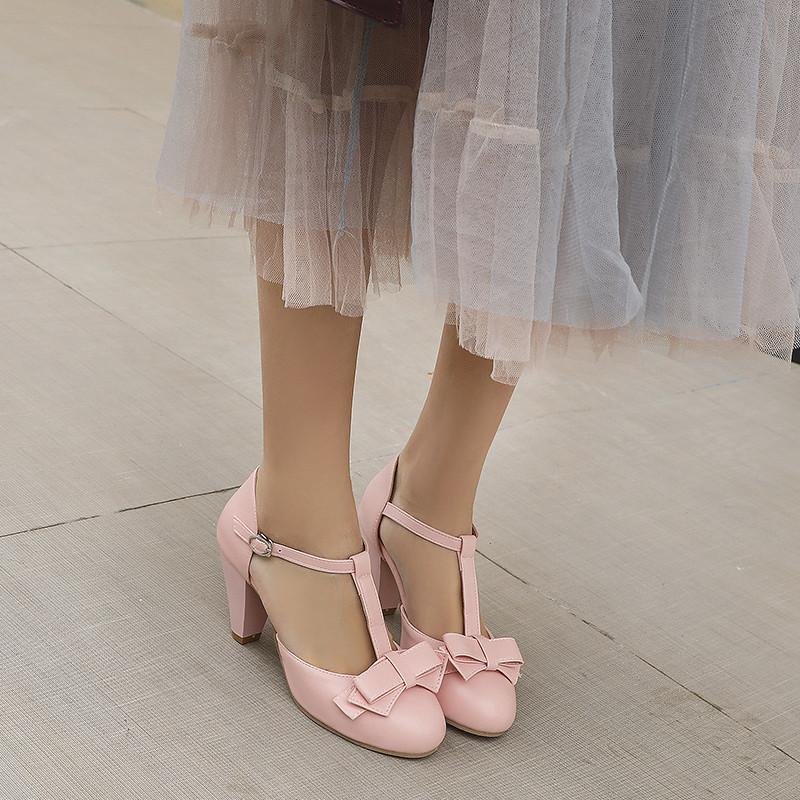 Летние женские босоножки с Т-образными ремешками, модные розово-зеленые туфли Лолиты на каблуке для девочек, милые офисные свадебные туфли с бантом, большой размер 44