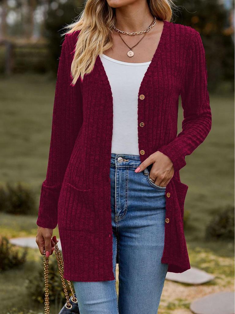 Women's  Solid Color Brushed Striped Cardigan with Buttoned Jacket Design