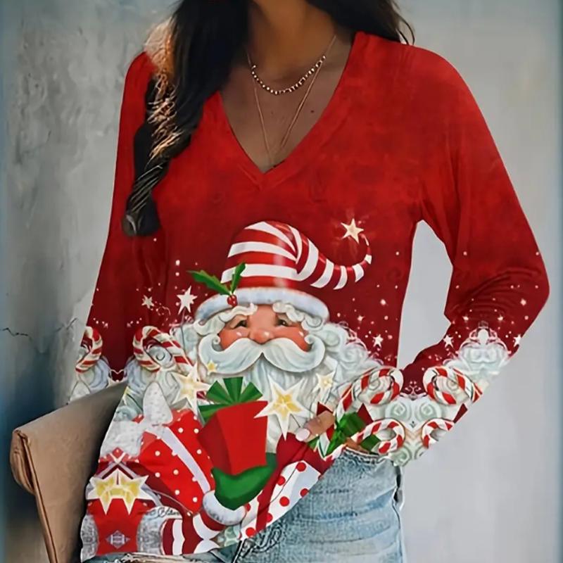 Santa Claus Christmas Tree Print Women Tshirts Ladies Tops Long Sleeve V-neck Pullover Femme T-shirts T Shirt For Women