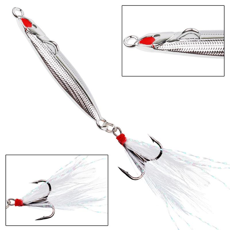 Серебристая металлическая приманка (маленькая рыбка, мормышка) с тройным крючком и пером