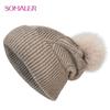 SOMALER Winter Hats For Women Natural Fur Pompom Hat Warm Wool Slouchy Beanies For Female Fashion Skullies Lady Hats